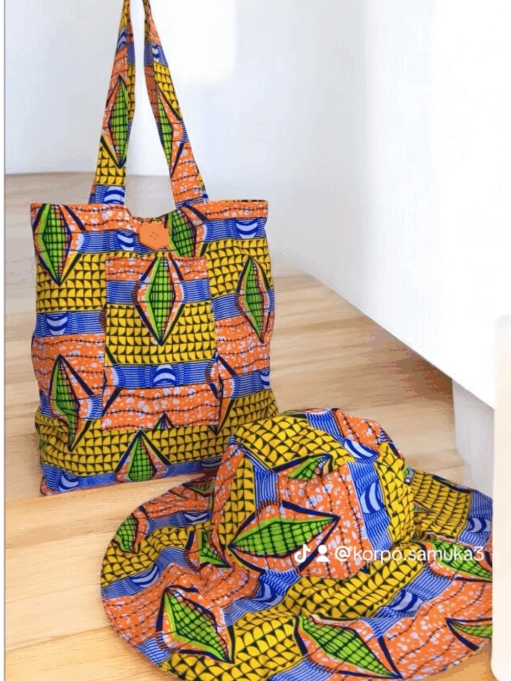 Colorful African Print Tote Bag & Wide-Brim Hat - Yellow, Orange, Blue, Green - Picture 3 of 3